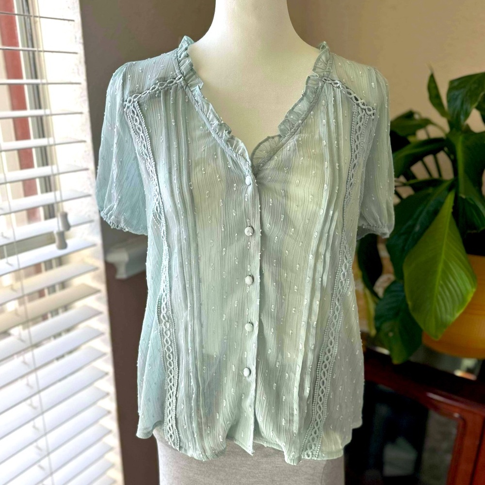 Sheer Mint Blouse with Ruffle details Size S